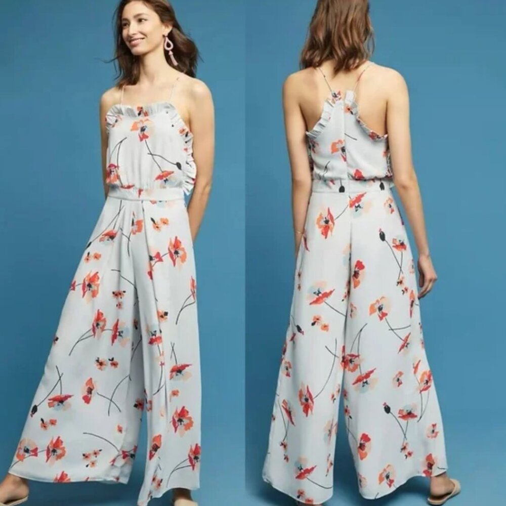 Anthropologie | Paper Crown Poppy Ruffle Floral Jumpsuit with Halter Neckline